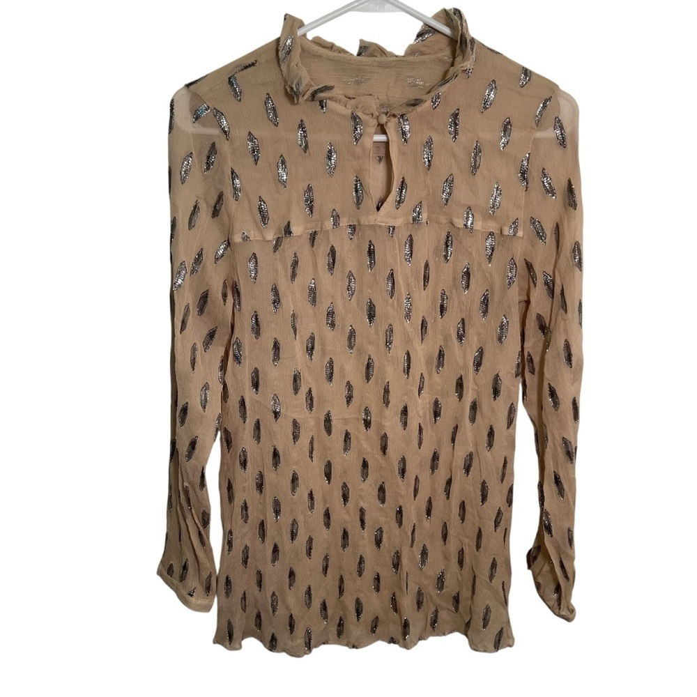 Soft Surroundings Women's Silk Blouse Tunic Beige Silver Textured Geometric Long